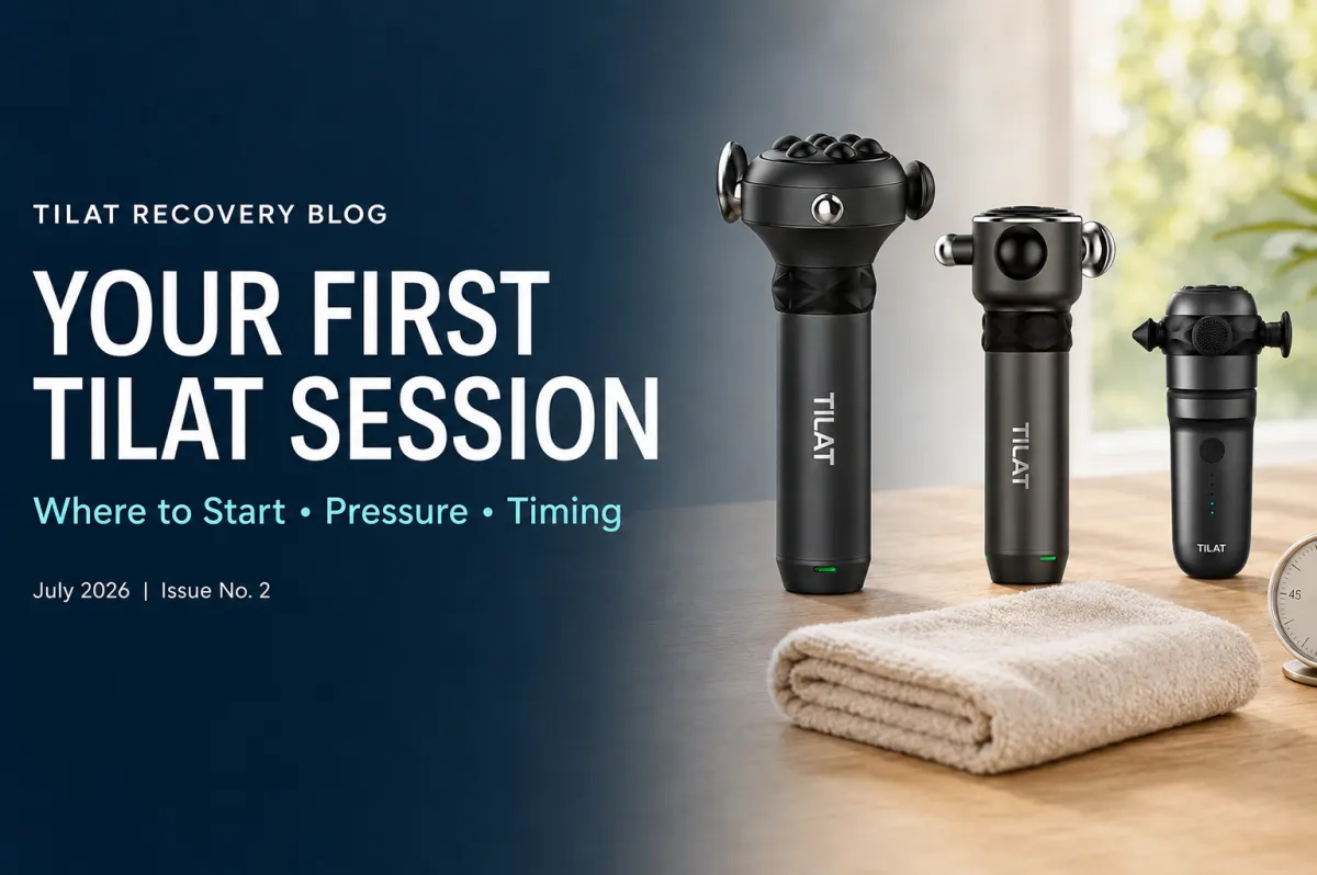 Cover for Your First TILAT Session featuring the TILAT M1 Max, M1, and Mini with a towel and timer.