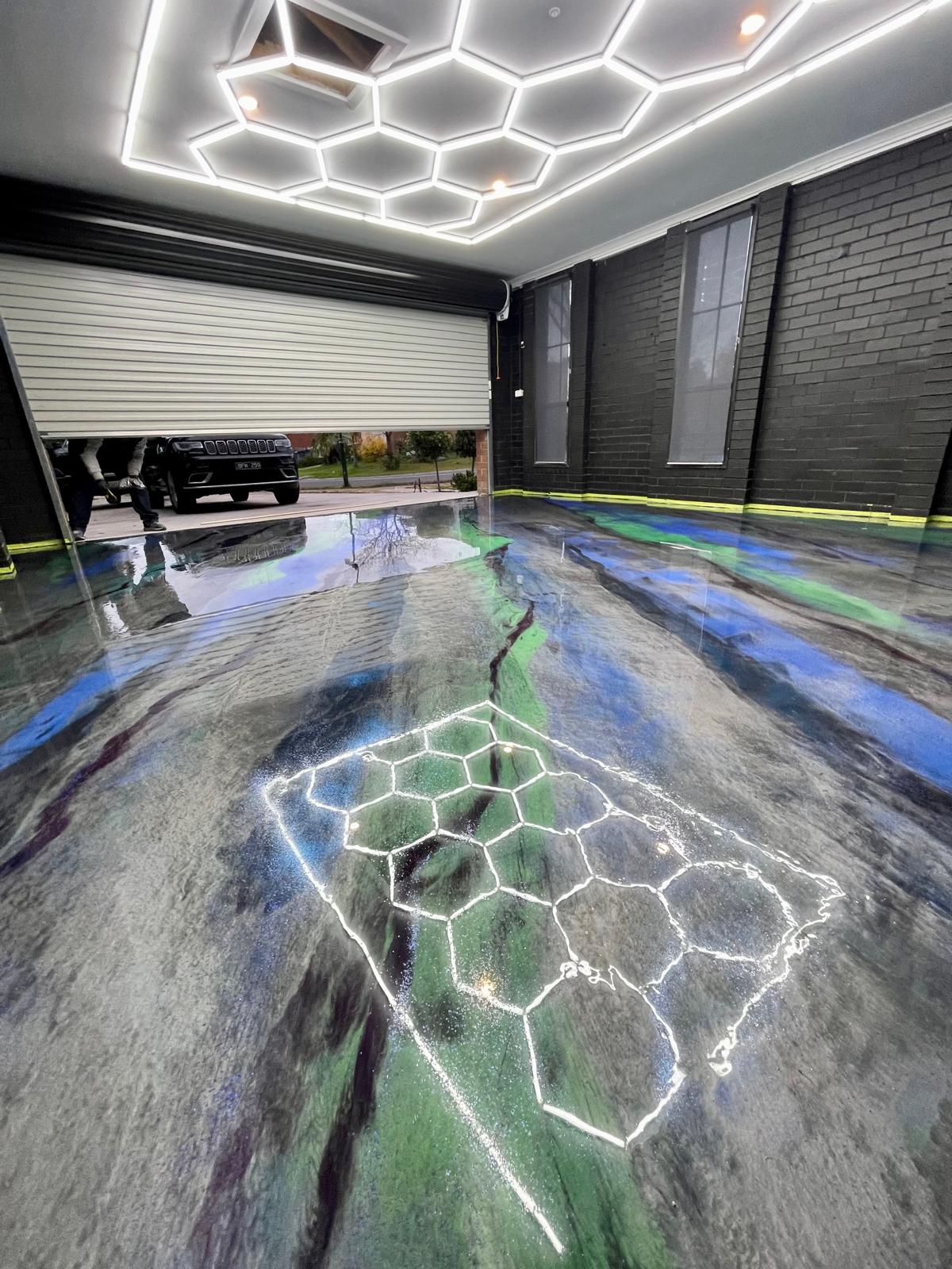 Metallic epoxy floor in a residential garage