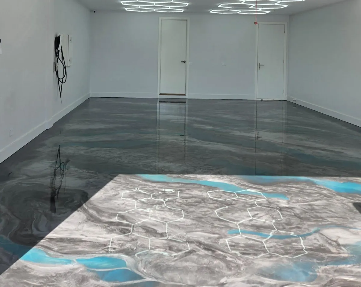 Teal and silver metallic epoxy floor
