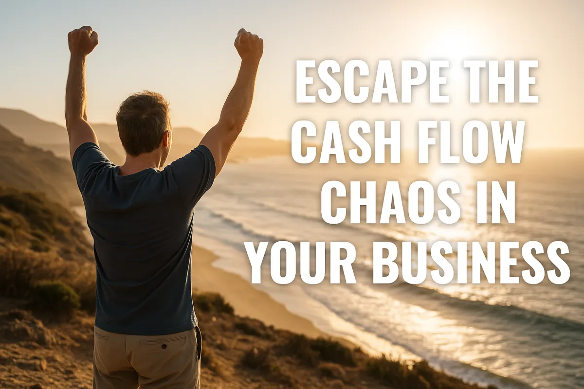 A confident small business owner in a modern office, reviewing financial charts on a digital tablet, with sunlight streaming through large windows. The setting is professional, with blue accents and a sense of optimism and focus.
