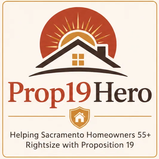 Prop 19 Hero logo: a sunrise over a house roof with the tagline Helping Sacramento Homeowners 55+ Rightsize with Proposition 19.