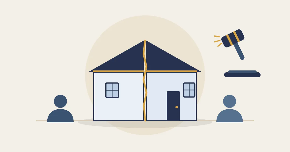 A house split down the middle by a gold fracture with two co-owners standing apart and a gavel above, illustrating a California partition lawsuit.