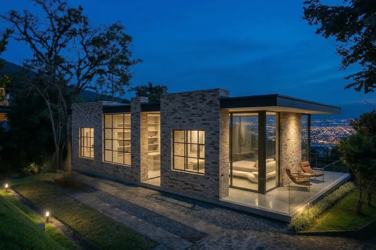 a rendering of a modern house with palm trees