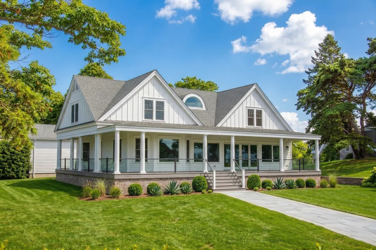 a modern house with a large front yard