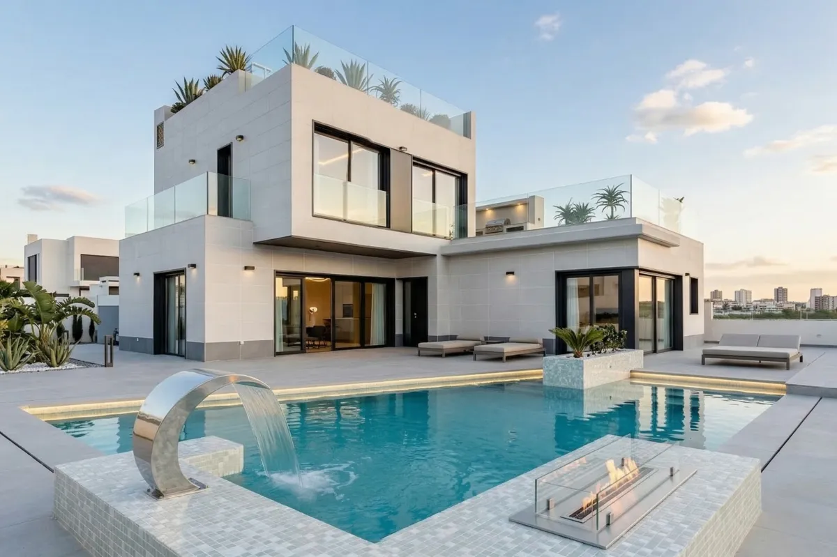 a rendering of a modern house with palm trees