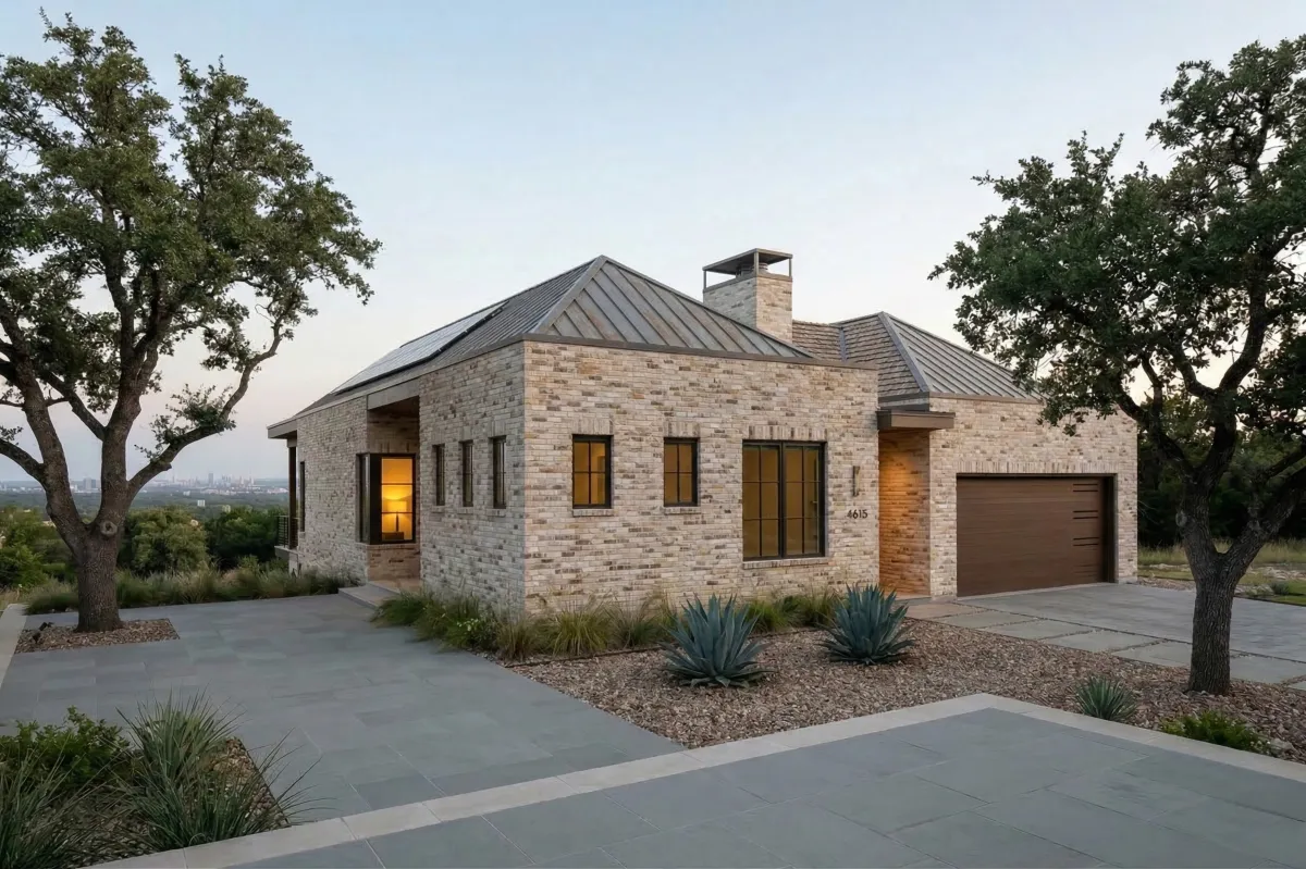 a rendering of a modern house with palm trees