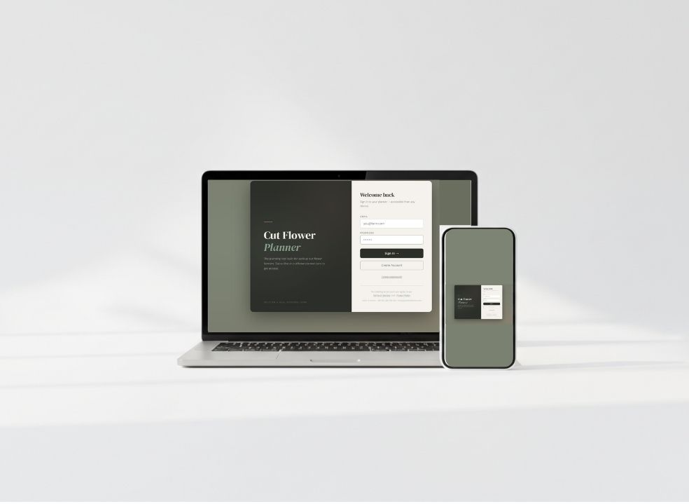 Cut flower planner dashboard preview on laptop and phone
