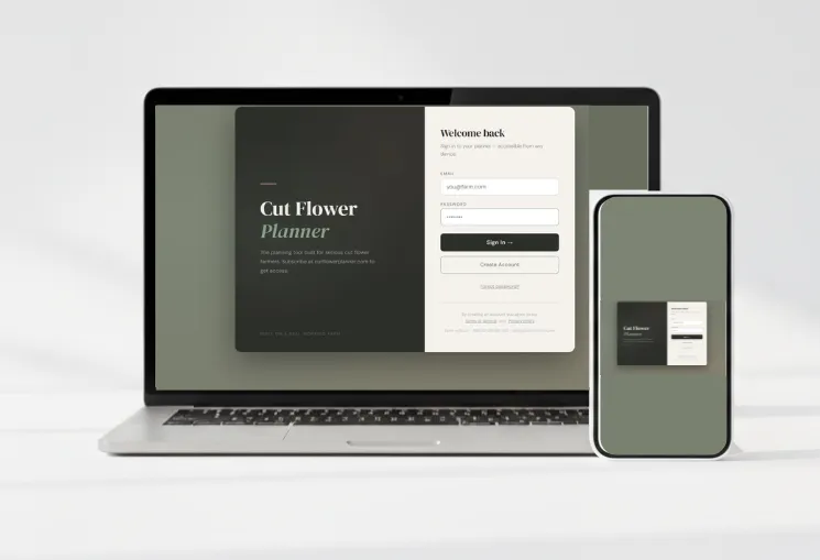 Cut flower planner dashboard preview on laptop and phone