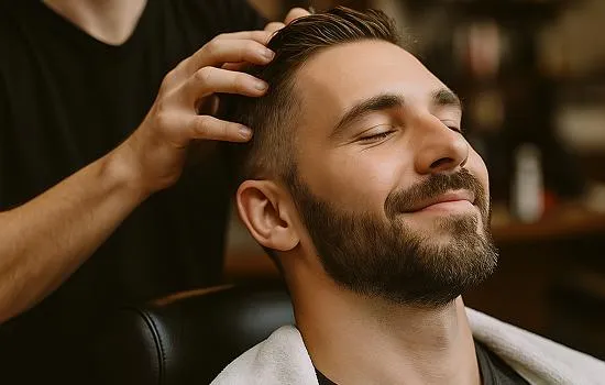 Mann genießt entspannende Kopfmassage im Herrensalon Pratteln Coiffeur