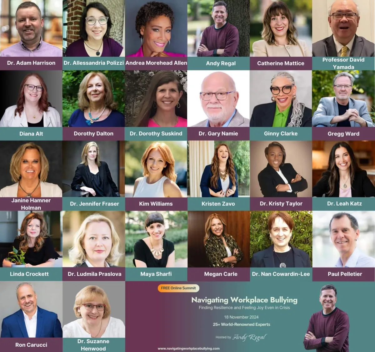 A grid of this year's speakers at the Navigating Workplace Bullying Summit