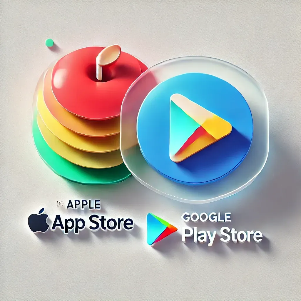 Side-by-side emblems of the Apple App Store and Google Play Store, showcasing availability for the FreshStart Mobile App.