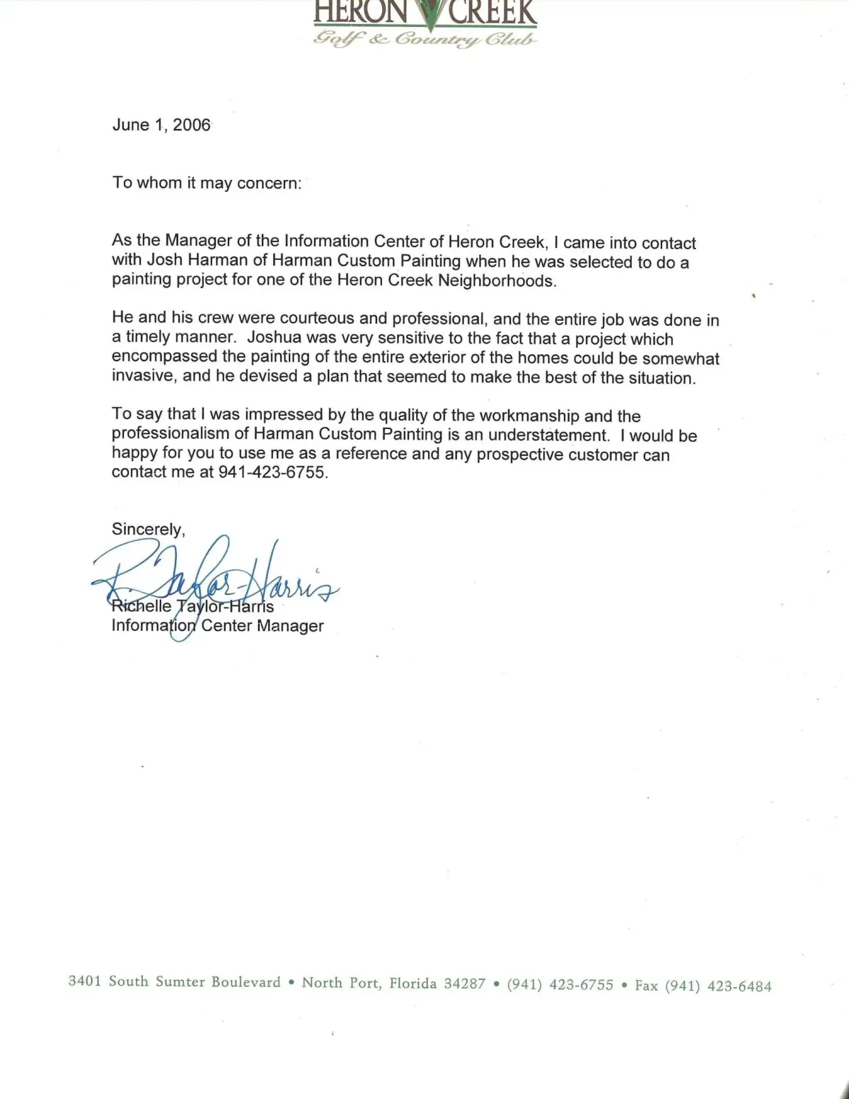 Letter of Recommendation - Heron Creek Information Center Manager, Richelle Taylor-Harris
