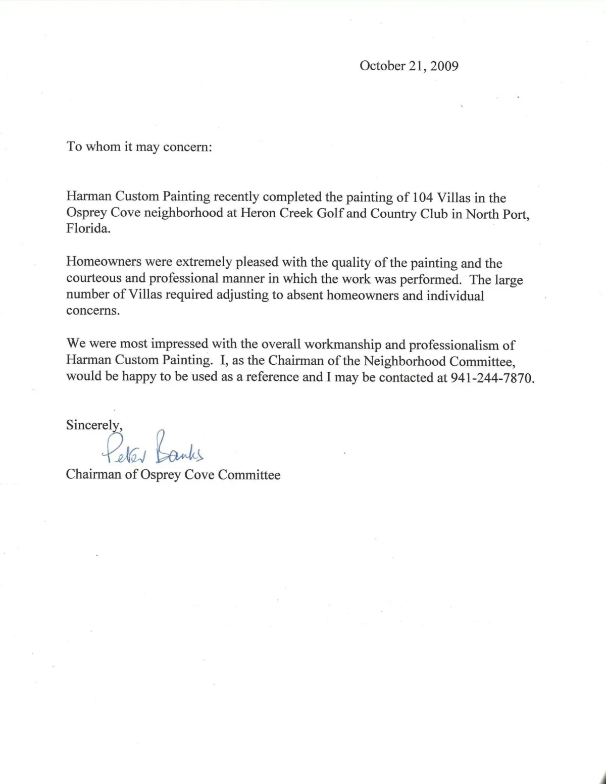 Letter of Recommendation - Chairman of Osprey cove Committee