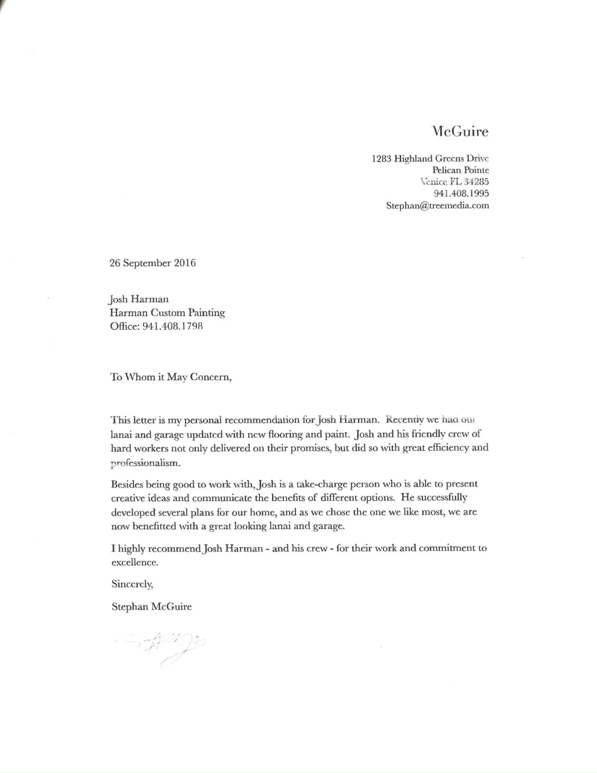 Letter of Recommendation - Stephan Mcguire