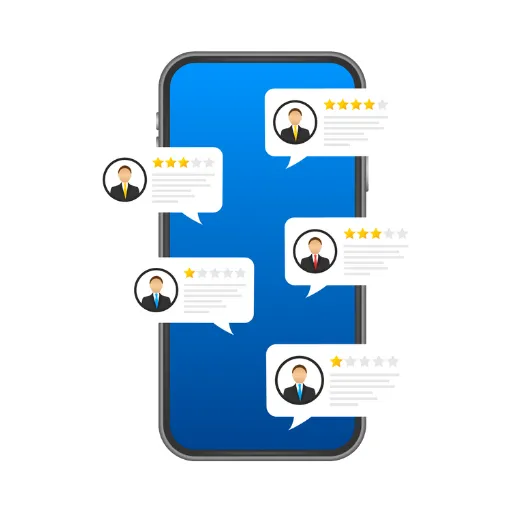 A collage of positive customer reviews, star ratings, and social media recommendations, symbolizing the importance of online reputation management for boosting a business's search engine rankings and credibility.