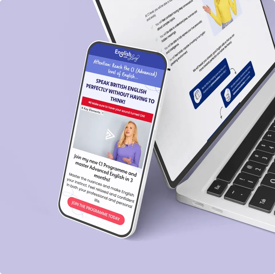 Info-product landing page mockup for an online english course