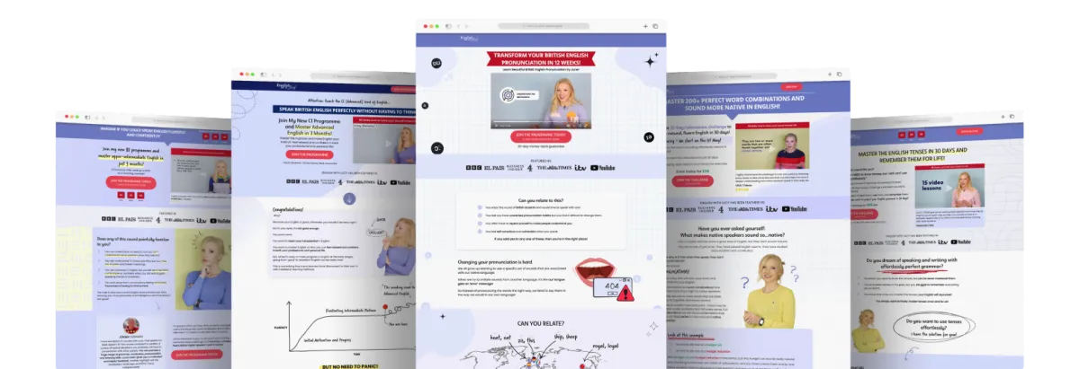 Info-product landing page mockup for online english course