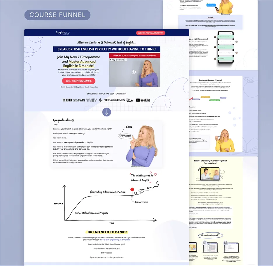 Info-product landing page mockup for online english course