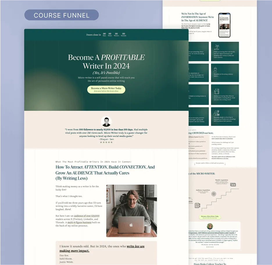 Info-product landing page mockup for writing course