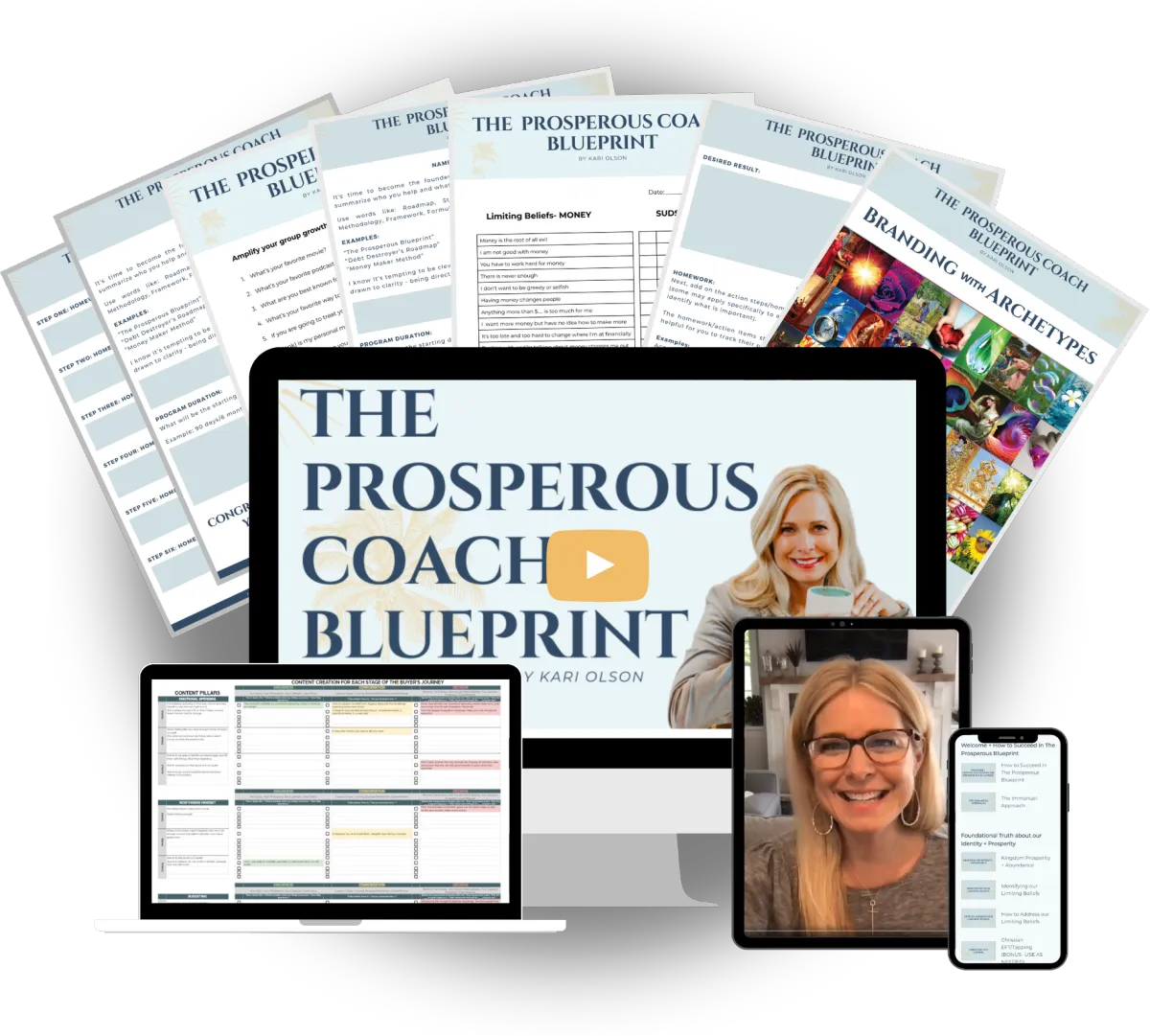 Computer, tablet, and phone displaying The Prosperous Coach Blueprint with coaching resources