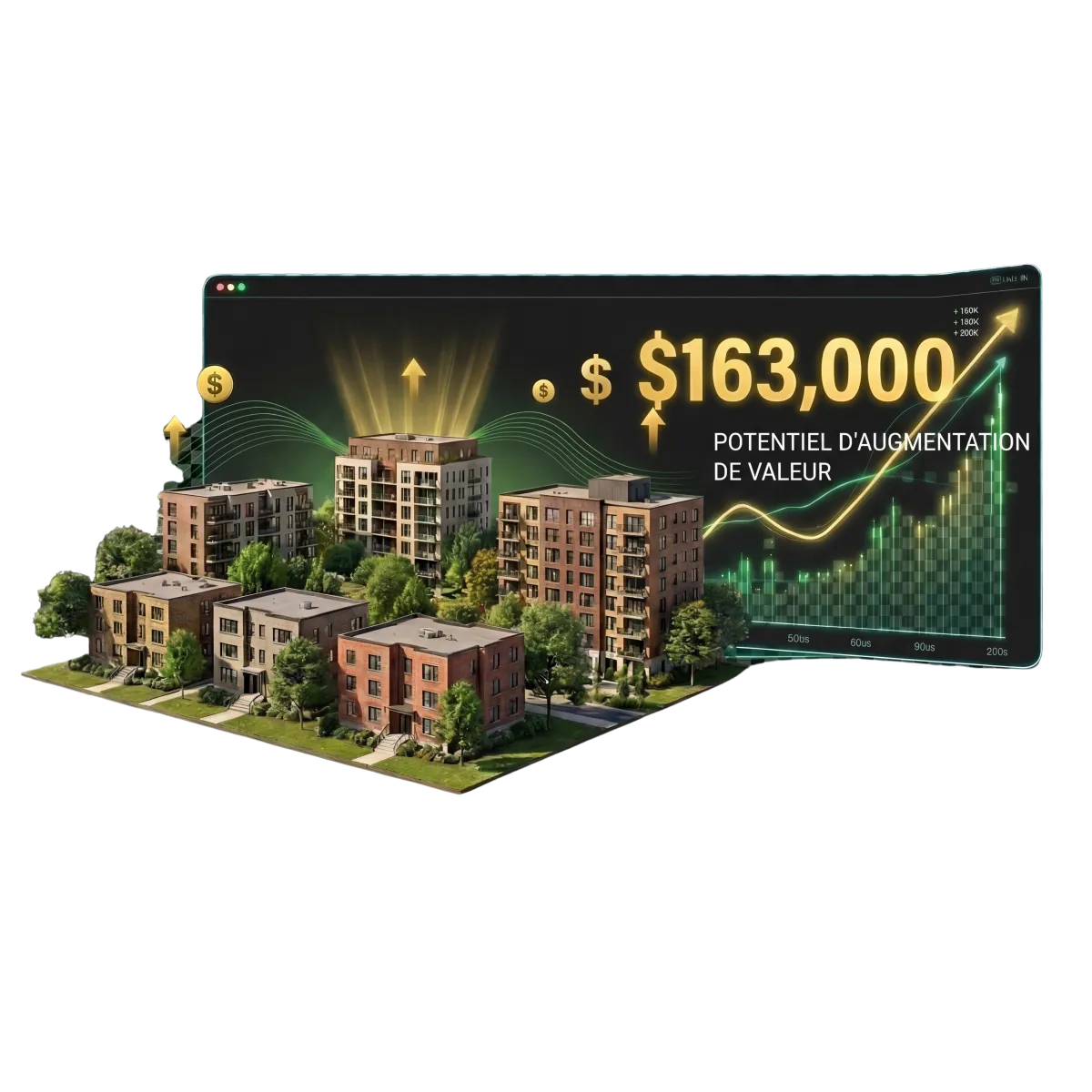 Building illustration with green upward arrow showing value increase