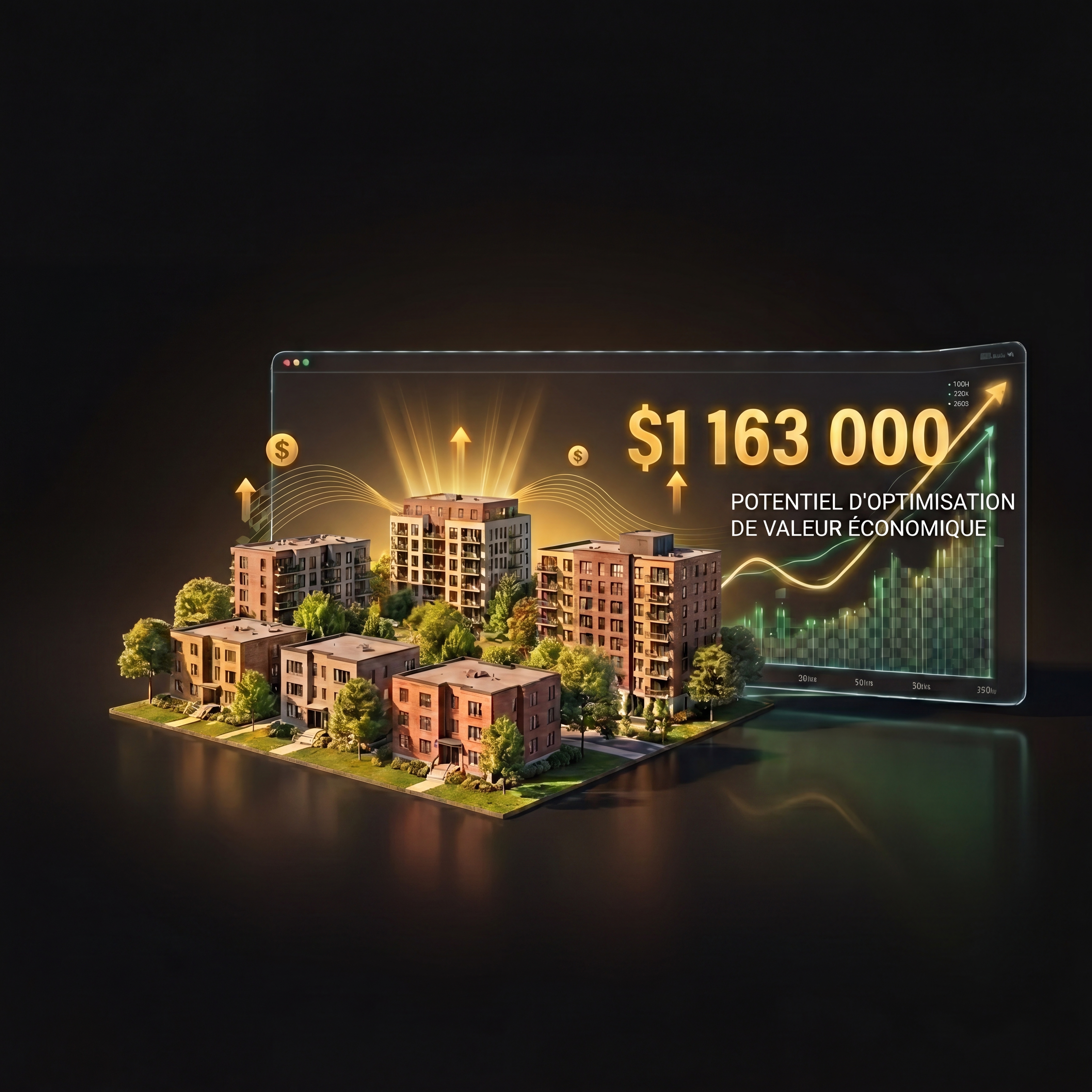 Building illustration with green upward arrow showing value increase