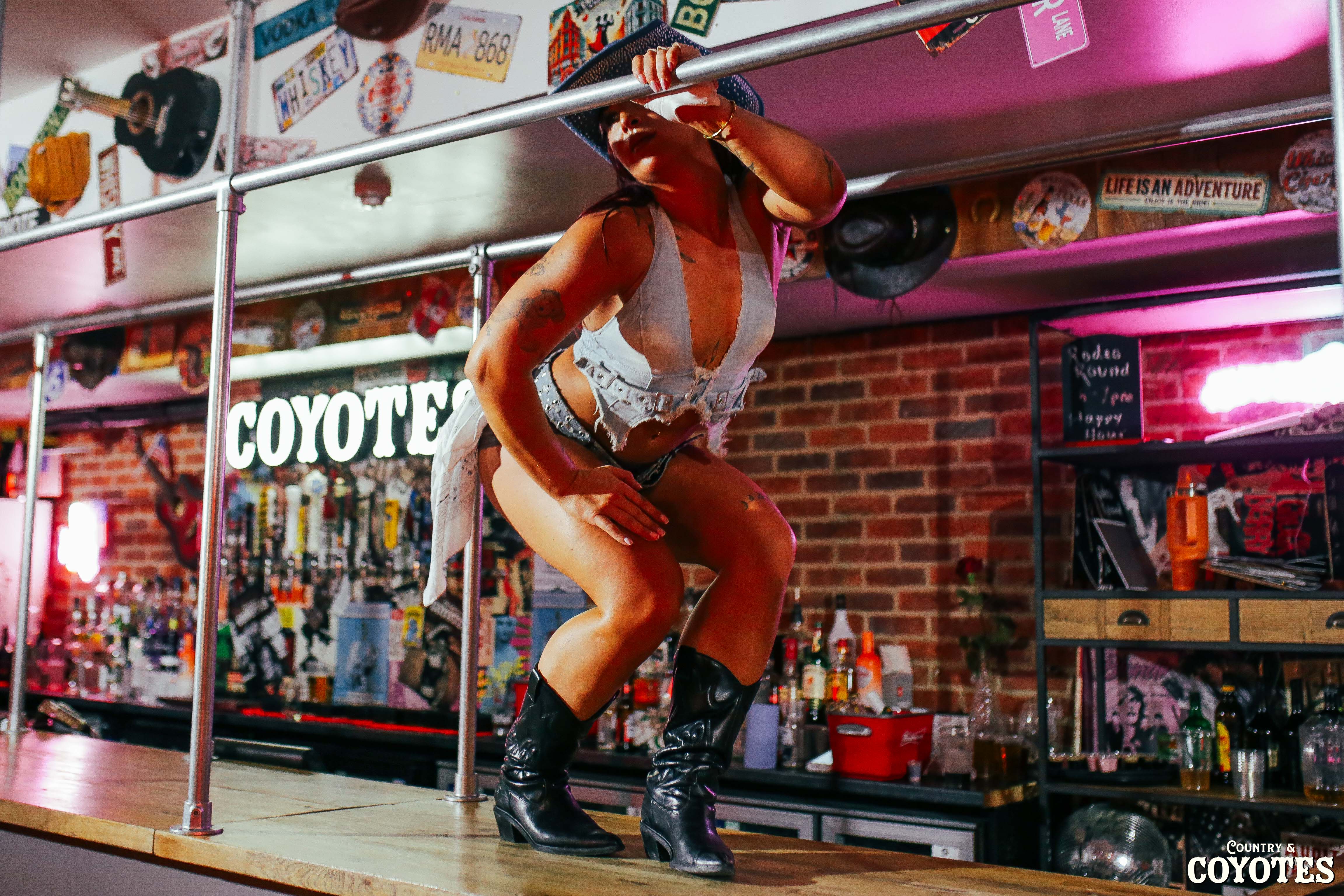 Night-time party under spotlights, Cowgirls on the bars, singing crowd