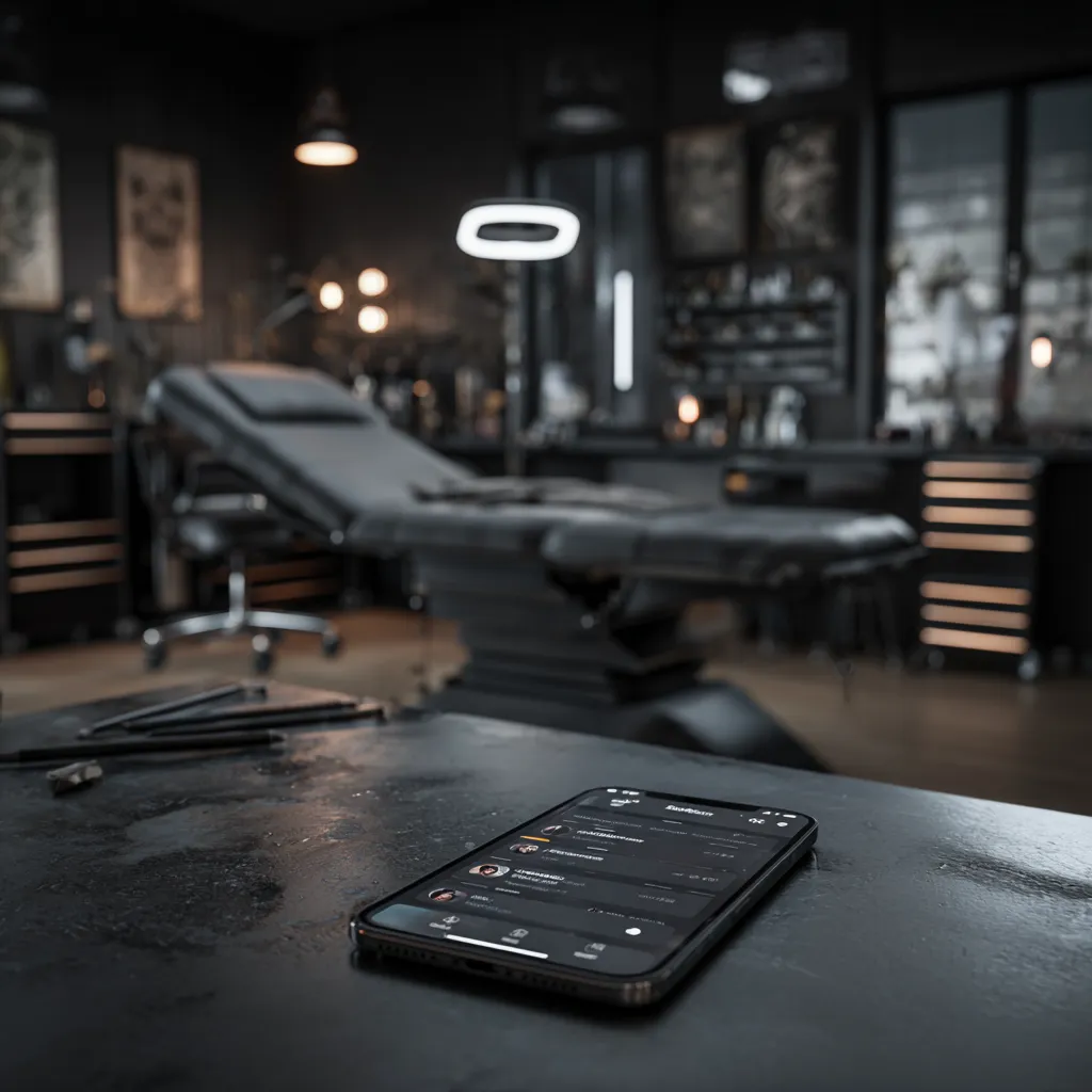 Empty tattoo chair and smartphone with unanswered Instagram messages showing missed booking opportunities