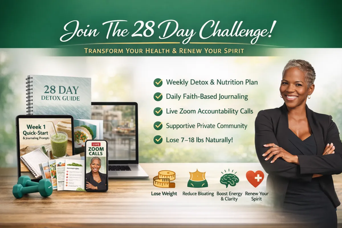 A smiling, energetic woman in her 40s, wearing athletic wear, standing in a sunlit kitchen with a bowl of fresh fruit, radiating confidence and joy. The background is softly blurred, emphasizing her vibrant presence and readiness for transformation.