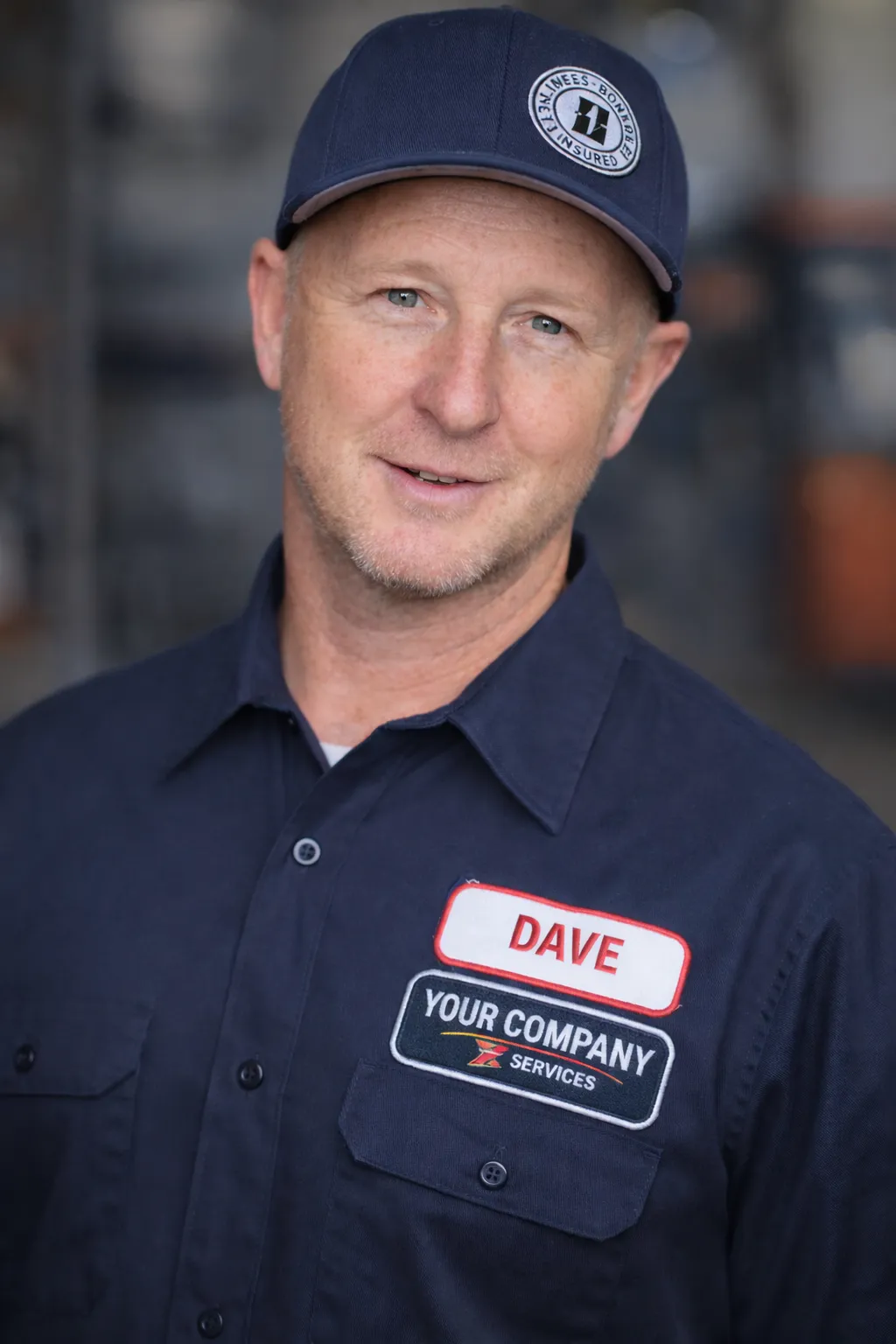 Portrait of a confident male technician in his early 40s wearing a Bitterroot Property Care branded jacket, smiling at camera, neutral studio background, three-quarter waist-up composition, natural soft lighting, photorealistic style emphasizing trust and approachability.
