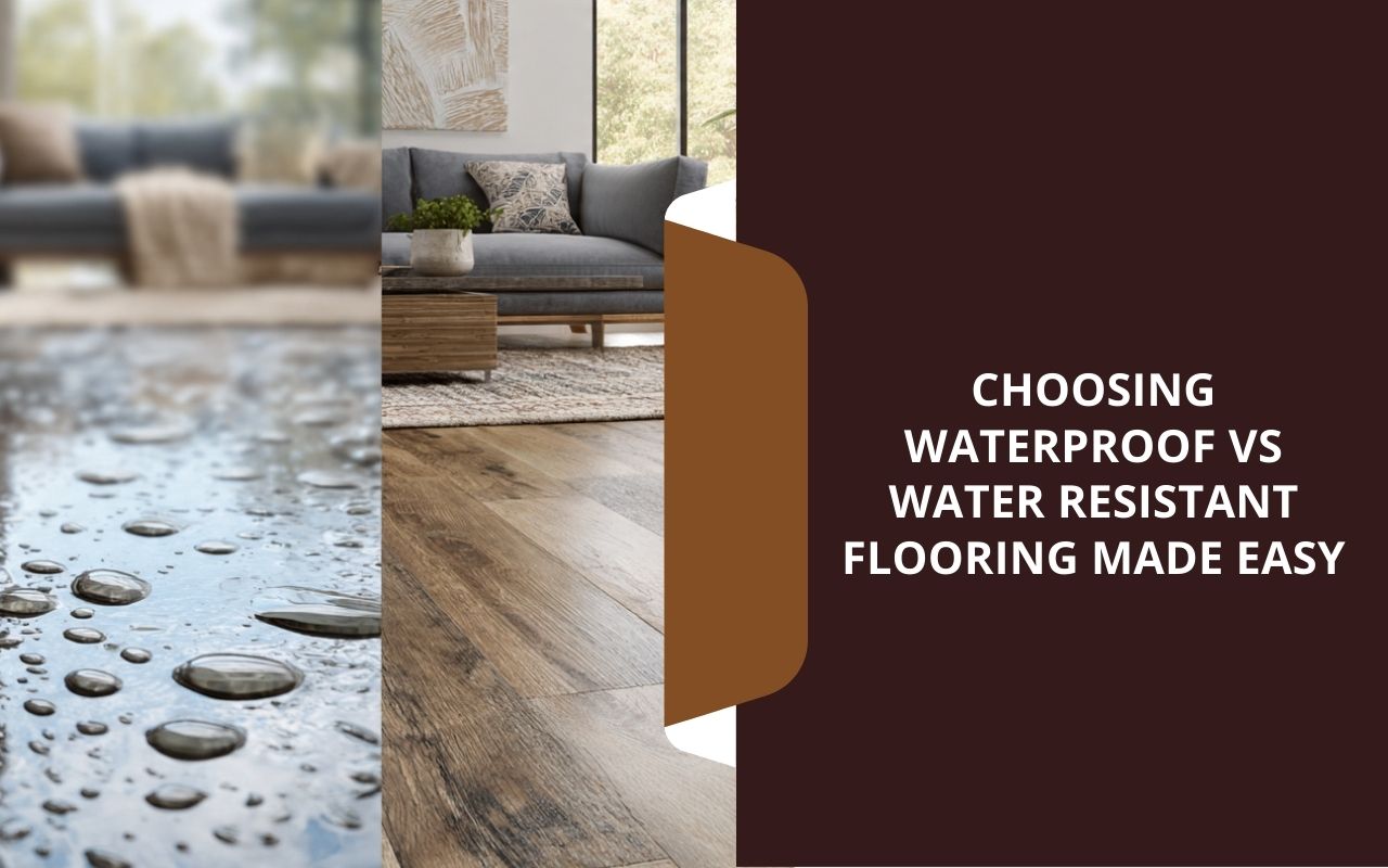 Side-by-side view explaining waterproof vs water resistant flooring in a home setting