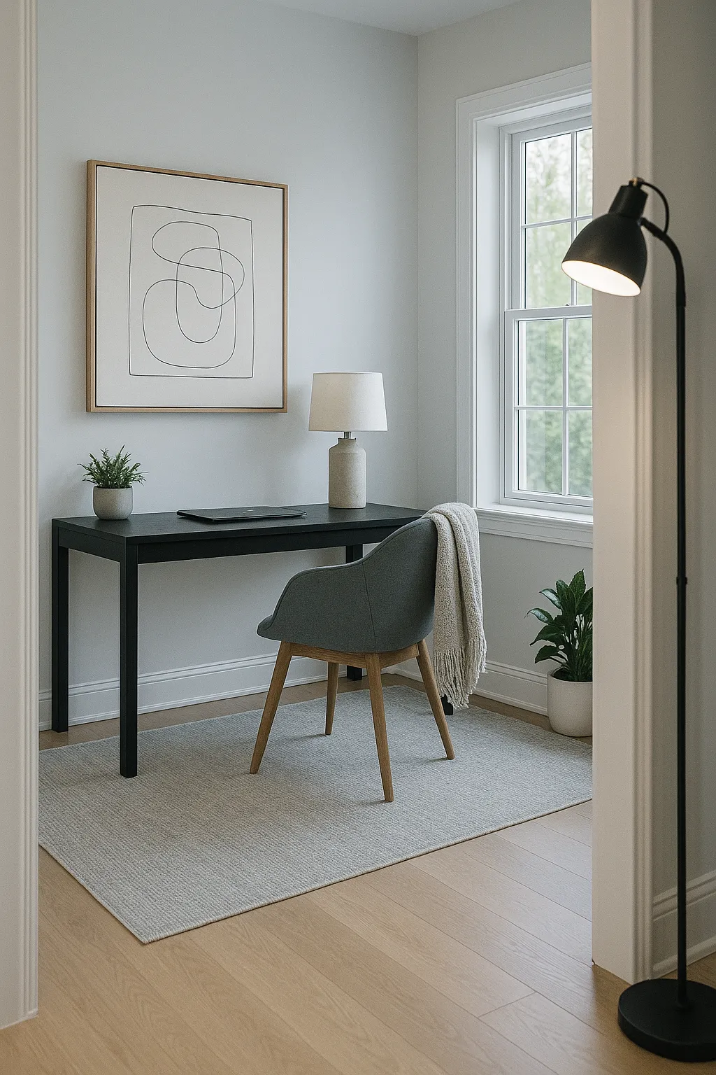 Home office setup in a Crown Point Indiana property featuring a clean, carpeted space with desk, chair, and wall art