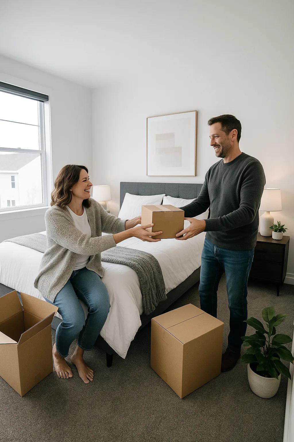 Couple packing moving boxes in the bedroom of a Crown Point Indiana home, preparing for a real estate move