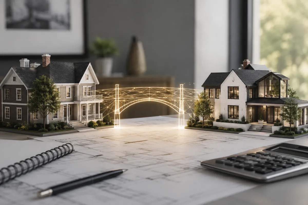 Realistic illustration of two homes connected by a bridge on architectural blueprints, representing bridge loans that help buyers purchase a new home before selling their existing property.