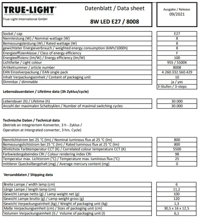 Scheda tecnica lampadina True-Light