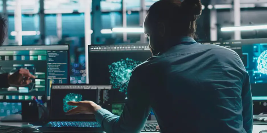 Person working at a computer workstation with the monitor positioned near eye level.