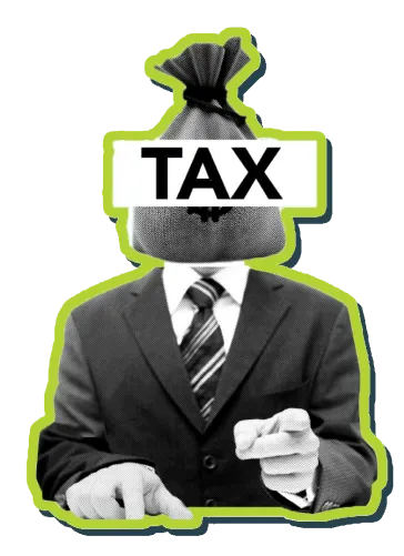 Image of man with head that looks like a bag of money with the word "tax"