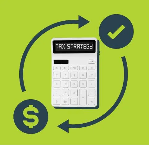 Photo of calculator with green background.  Calculator says "Tax Strategy"