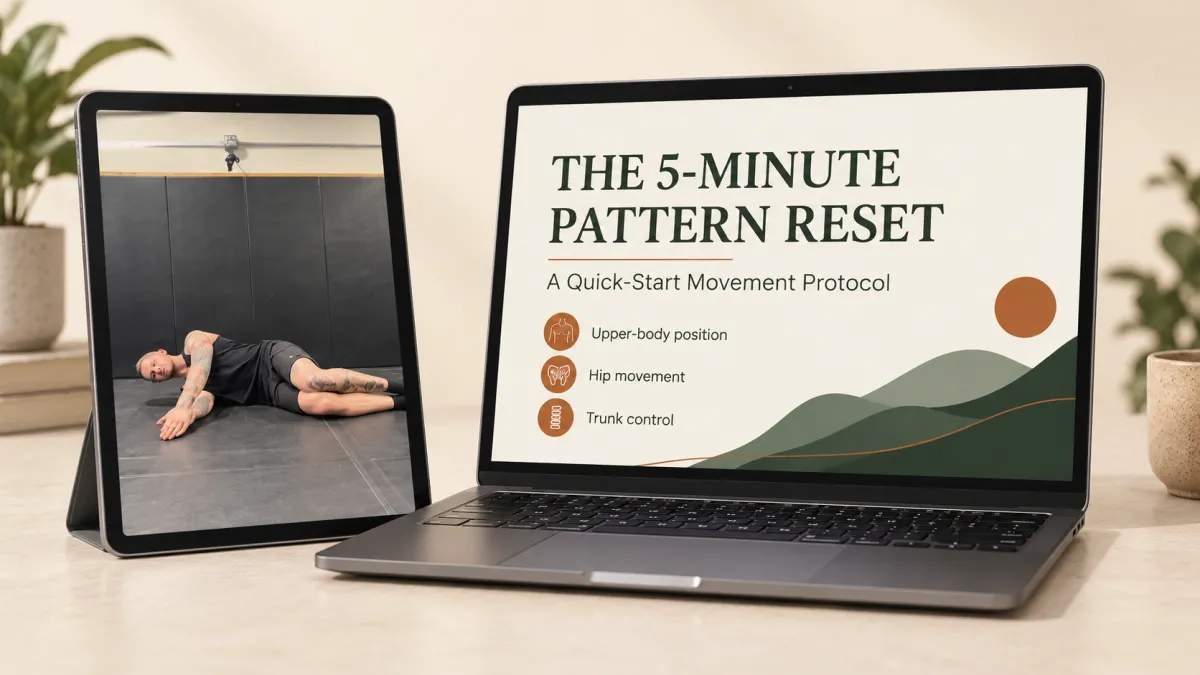 The 5-Minute Pattern Reset online course — device mockup featuring Evan’s movement demonstration