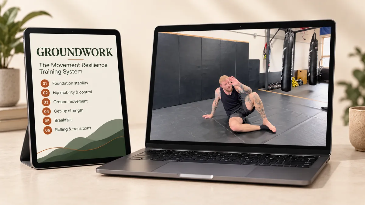 GroundWork online course — device mockup showing Evan’s get-up demonstration and six training phases