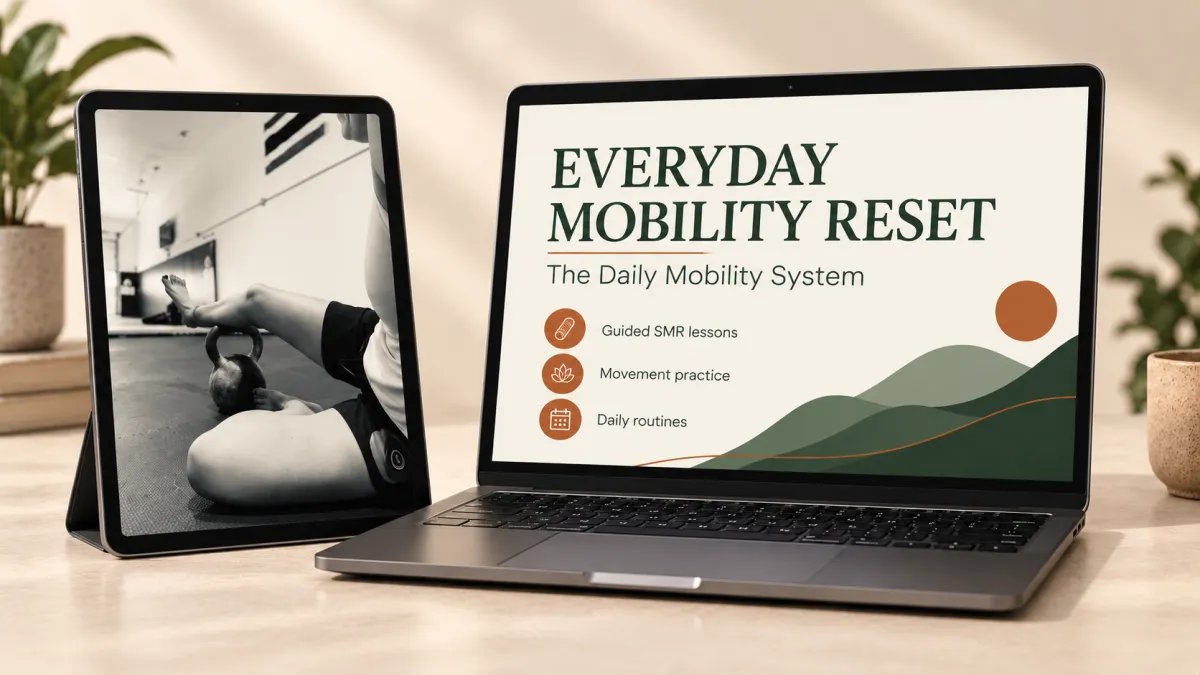 Everyday Mobility Reset online course — device mockup featuring a guided calf SMR lesson
