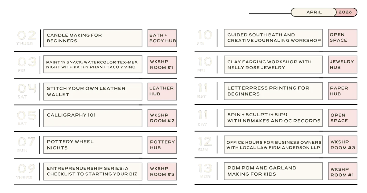 A detailed calendar-style schedule of creative workshops and events. The grid lists various workshops and classes like Candle Making, Pottery Wheel Nights, Leather Wallet stitching, and Letterpress Printing. The schedule also includes business development events and kids' workshops, showcasing the wide range of activities available at a creative hub or co-working space. The image provides a clear, at-a-glance view of a vibrant creative community.