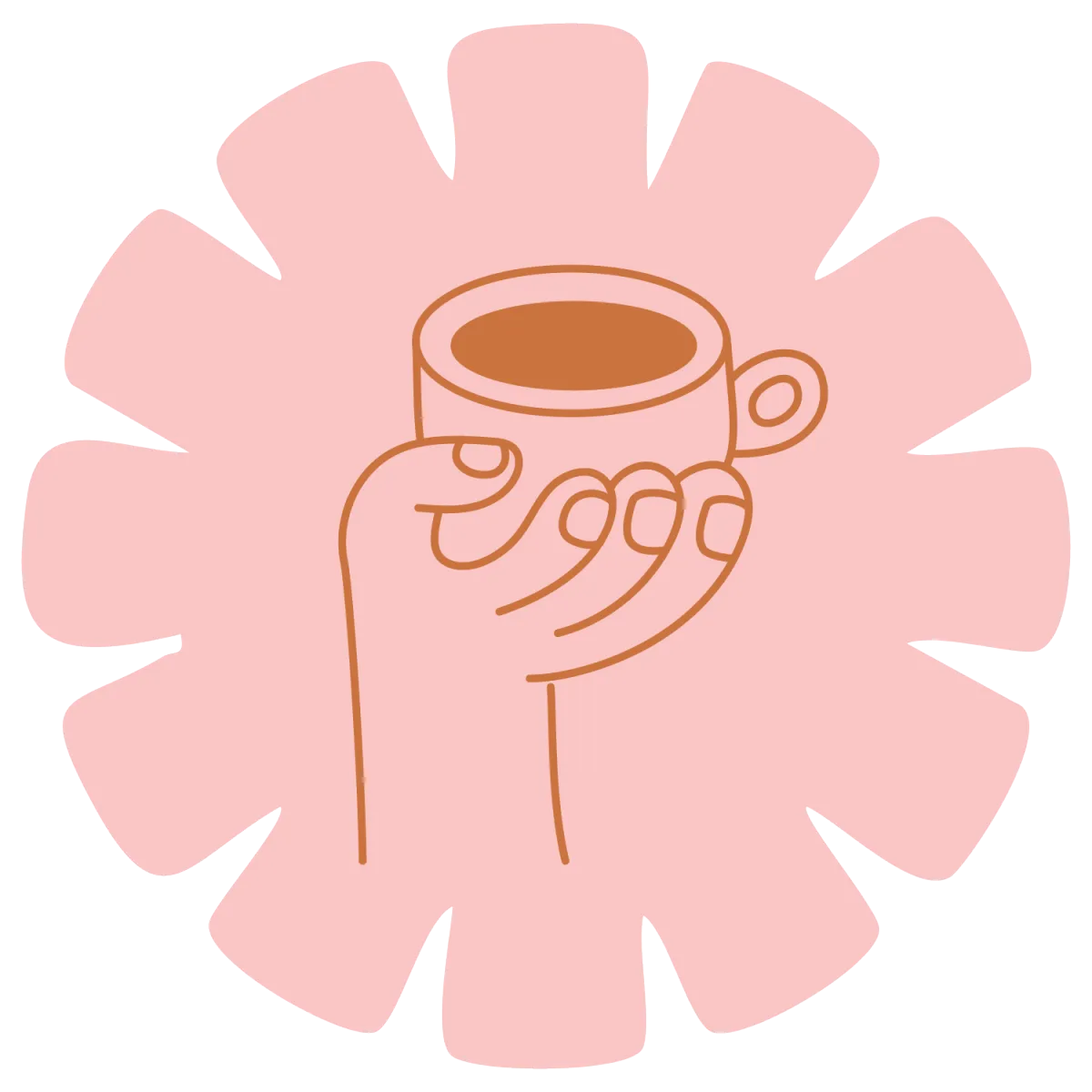 Simple, line-drawn illustration of a hand holding a cup of coffee in warm brown tones, set against a soft, star-like light pink background. This minimalist design symbolizes a welcoming, creative community, ideal for promoting co-working or studio spaces for artists and makers, highlighting coffee, collaboration, and a supportive environment for creative work.