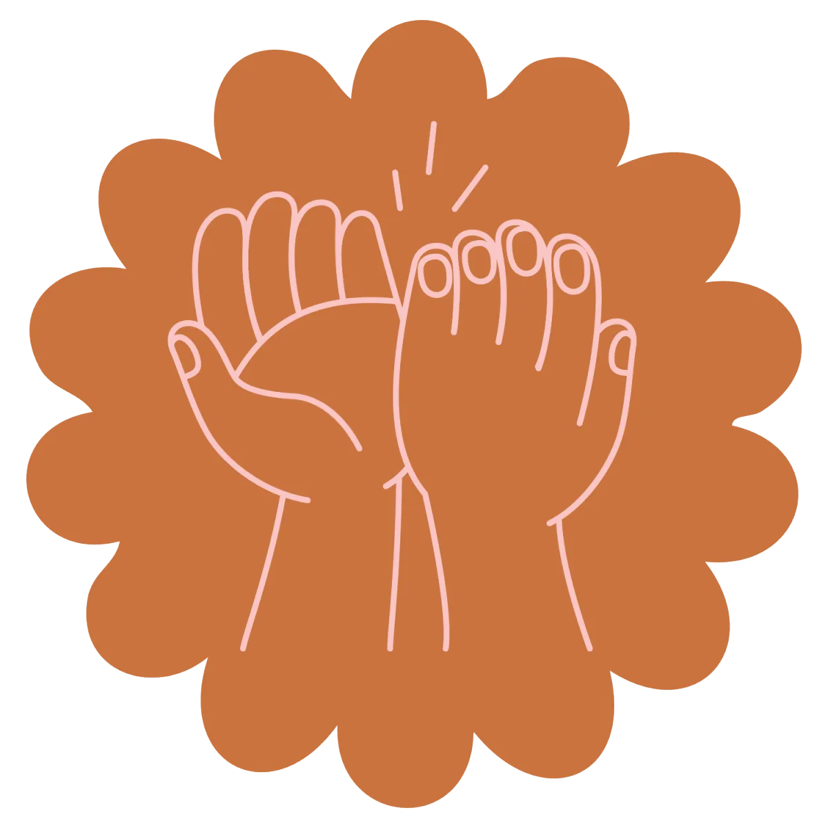 Playful, line-drawn illustration of two hands giving a high-five, in soft pink lines, set within a rust-colored, flower-like shape. This image symbolizes collaboration, encouragement, and success, making it perfect for websites promoting creative hubs or professional workspaces like pottery, jewelry, printmaking, and leatherworking. It highlights a supportive community where big ideas come to life.