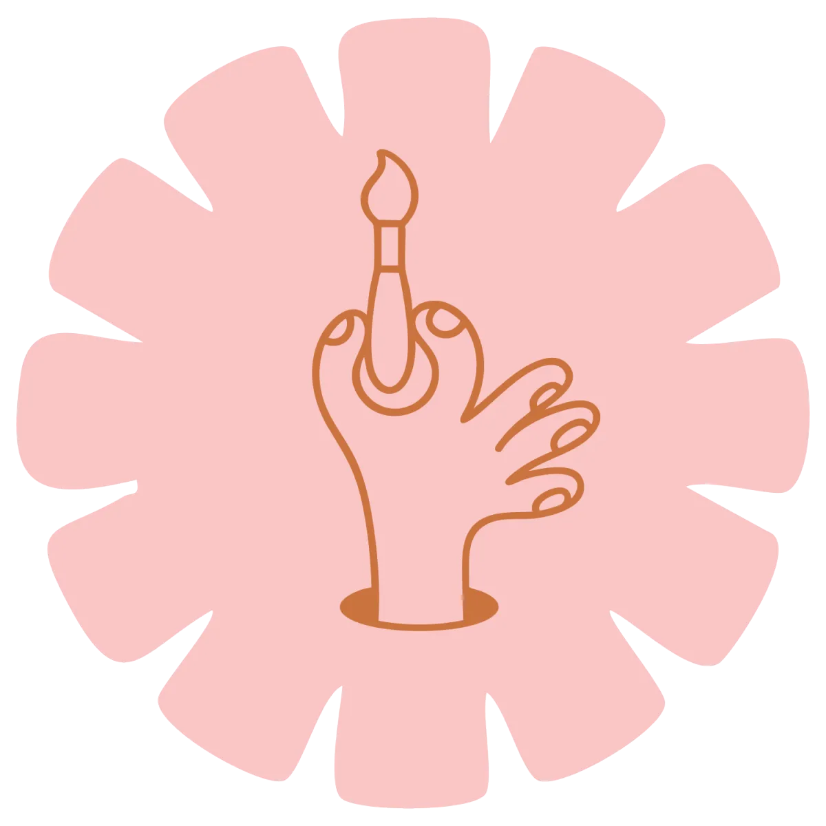 Playful, line-drawn illustration of a hand emerging from a hole, holding a paintbrush upright, set against a soft pink, star-shaped background. This image symbolizes creativity and hands-on workshops, ideal for promoting art classes and creative workshops like pottery, printmaking, jewelry, and candle pouring. Perfect for beginners and experienced makers eager to explore new creative outlets.