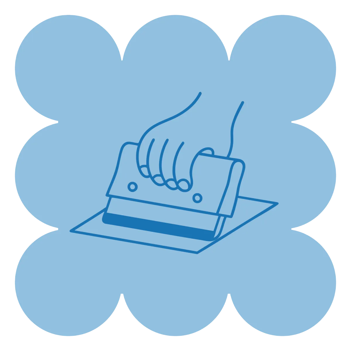 Line-drawn illustration of a hand using a squeegee to create a print, set in a light blue cloud-like shape. This image symbolizes the printmaking and paper goods hub, highlighting screen printing and letterpress. A modern, clean design perfect for a website showcasing professional studios with tools for designers and paper enthusiasts.