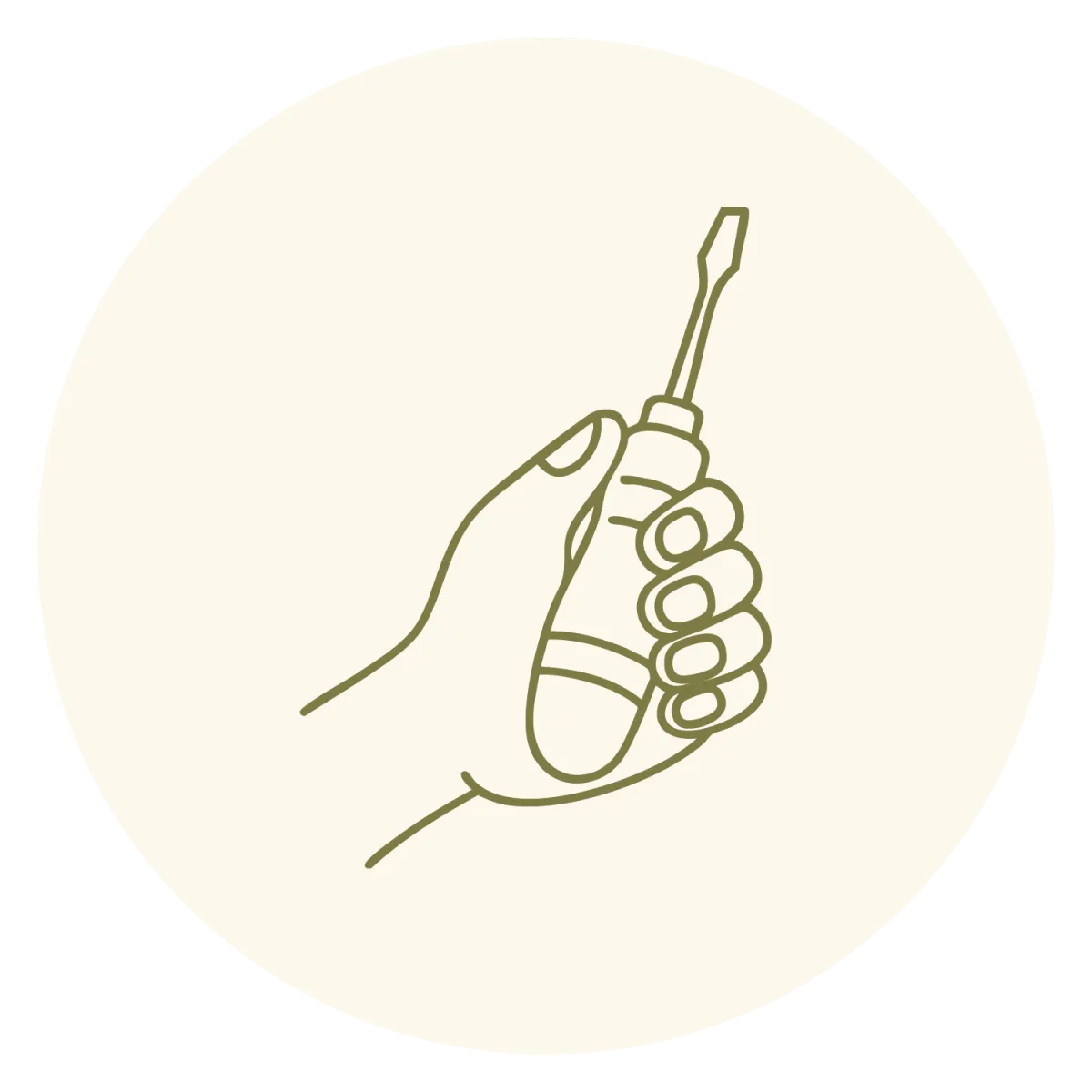 Line-drawn illustration of a hand holding a screwdriver in muted green, set against a light cream-colored circle. This image symbolizes the leatherwork hub and the tools of the craft, conveying precision and craftsmanship. A clean, modern design perfect for a website promoting a creative space with professional tools for leatherworkers.