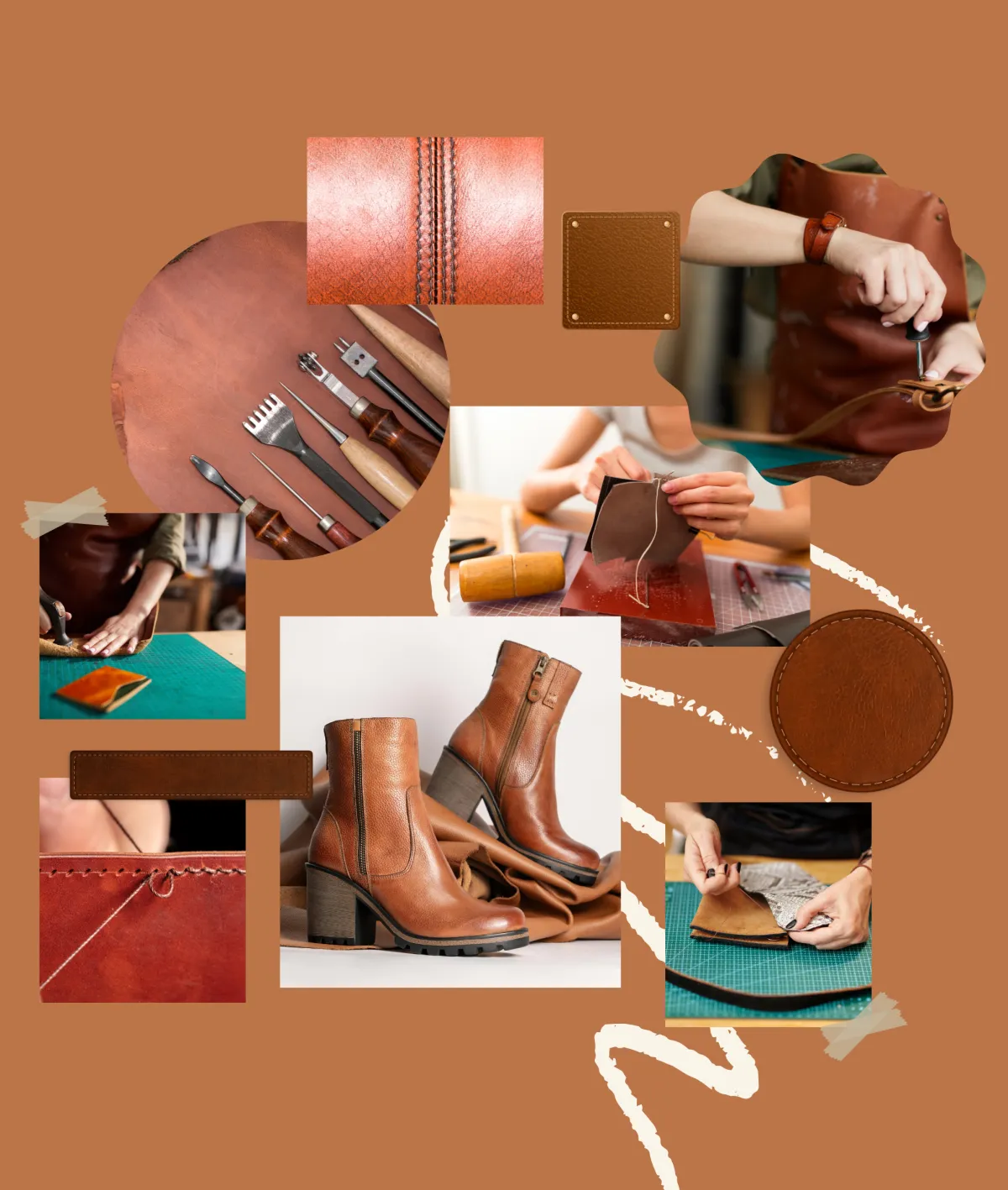 Collage of images on a warm brown background showcasing the leatherworking craft. Includes close-ups of leather textures, stitching, hands cutting and sewing, tools, and a finished pair of stylish leather boots. This image highlights the leatherwork process, ideal for a website promoting leatherwork studios, workshops, or products.