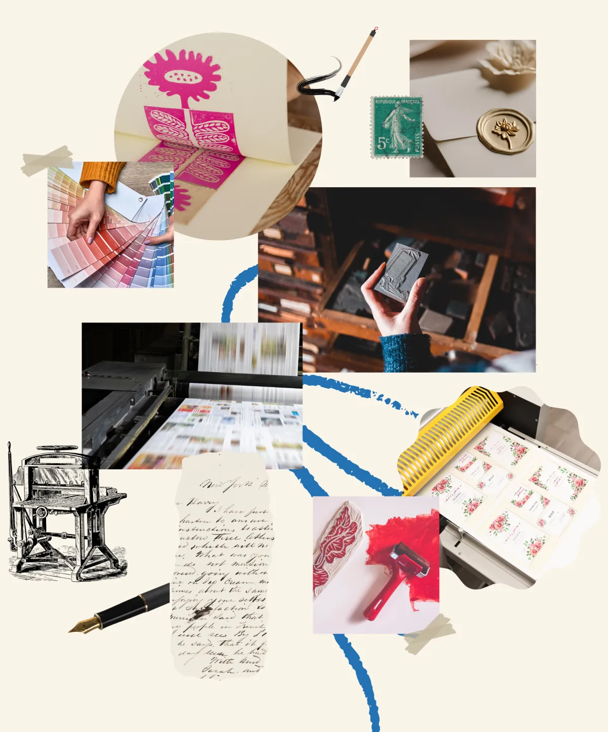 A dynamic collage featuring printmaking, design, and creative tools. Images include a hand choosing colors, vintage letterpress type, a classic printing press, a modern printer, a brayer with ink on paper, and various crafting elements like stickers and wax seals, all unified by a bold blue brushstroke circle on a warm background.
