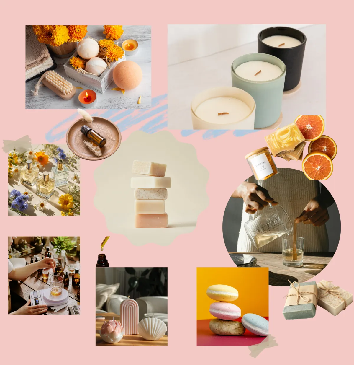Collage of images on a soft pink background showcasing handmade soaps, bath bombs, essential oils, and candles. Includes a person pouring wax to make a candle and a variety of finished products, highlighting the creative process and natural ingredients. Perfect for a website promoting workshops or hubs for crafting bath, body, and candle products.